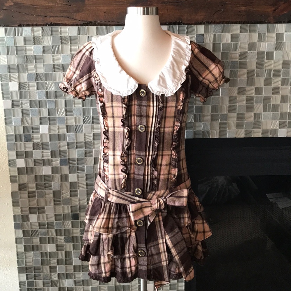Liz Lisa plaid Peter Pan collar bow mini dress S